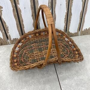 Vintage Woven Wicker Bamboo Beaded Basket - Philippines Made